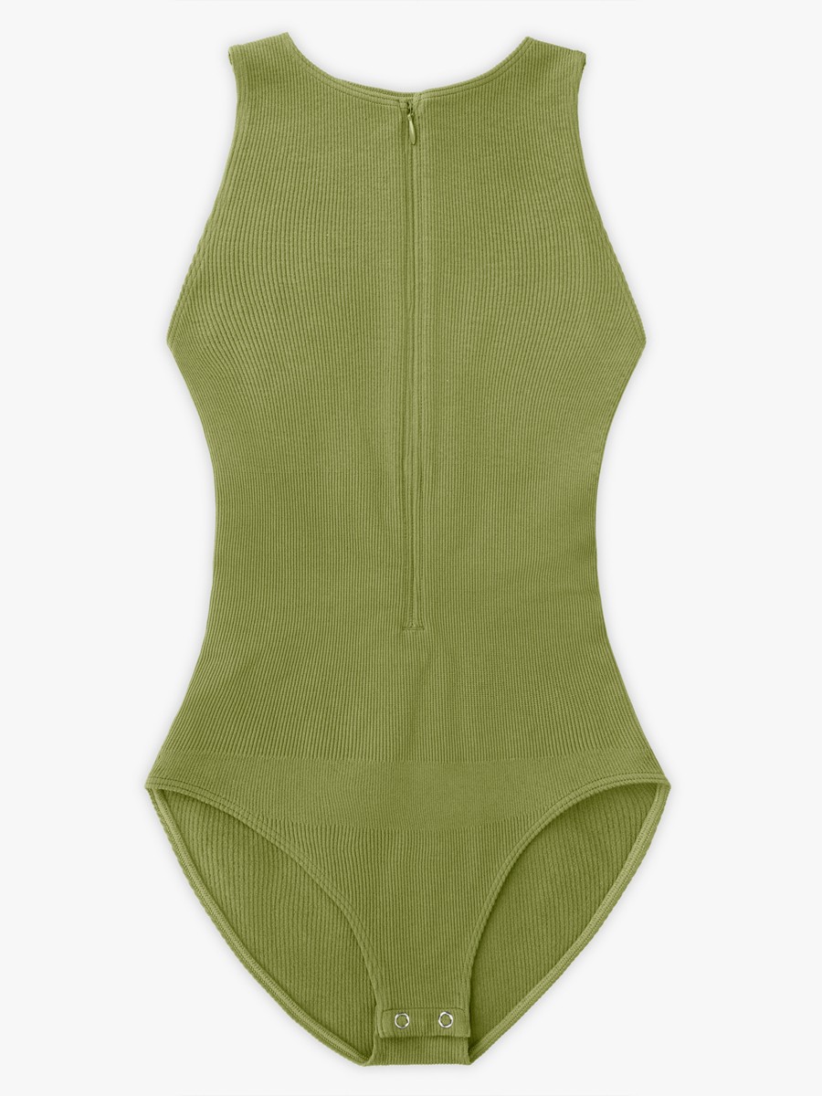Seamless Ribbed Zip Front Sleeveless Briefs Bodysuit