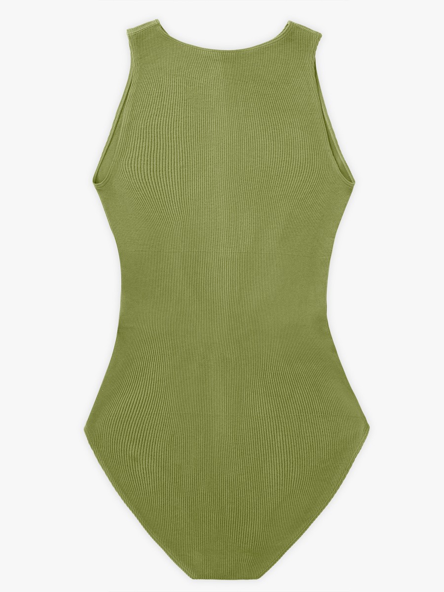 Seamless Ribbed Zip Front Sleeveless Briefs Bodysuit