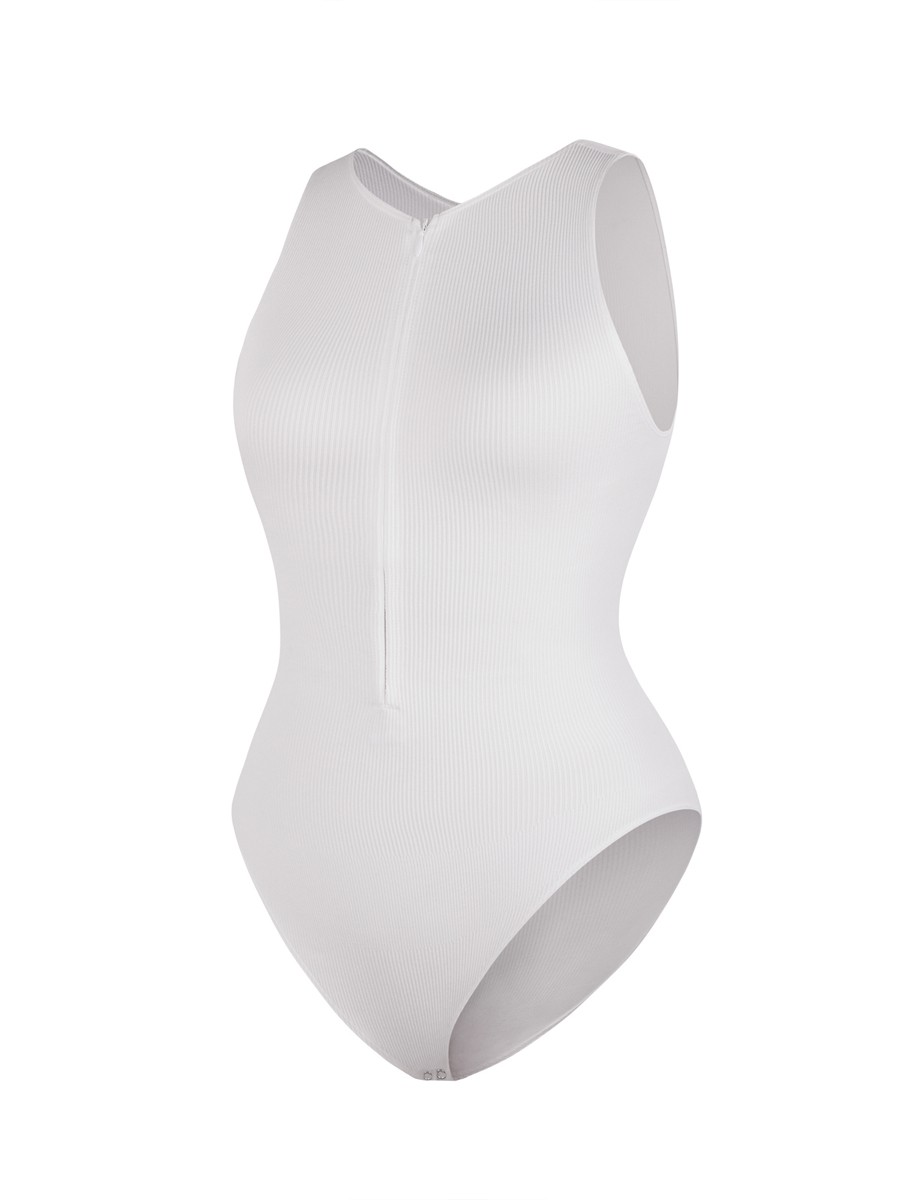 White Seamless Ribbed Zip Front Sleeveless Briefs Bodysuit