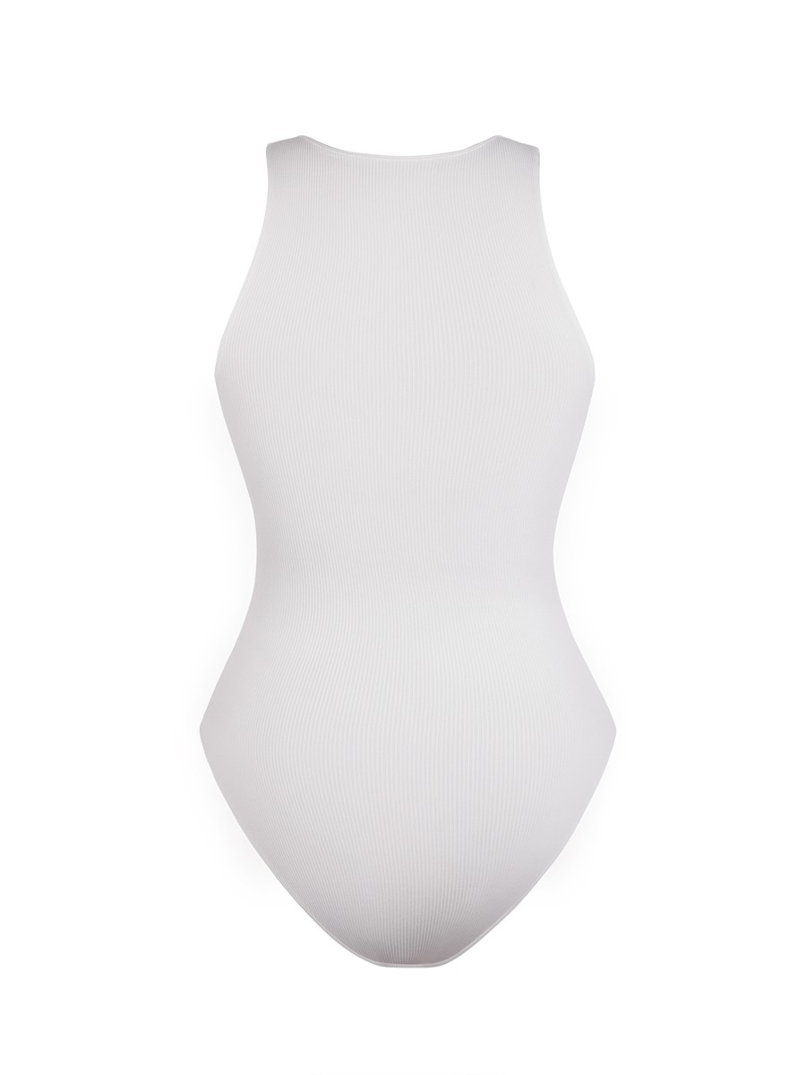 White Seamless Ribbed Zip Front Sleeveless Briefs Bodysuit