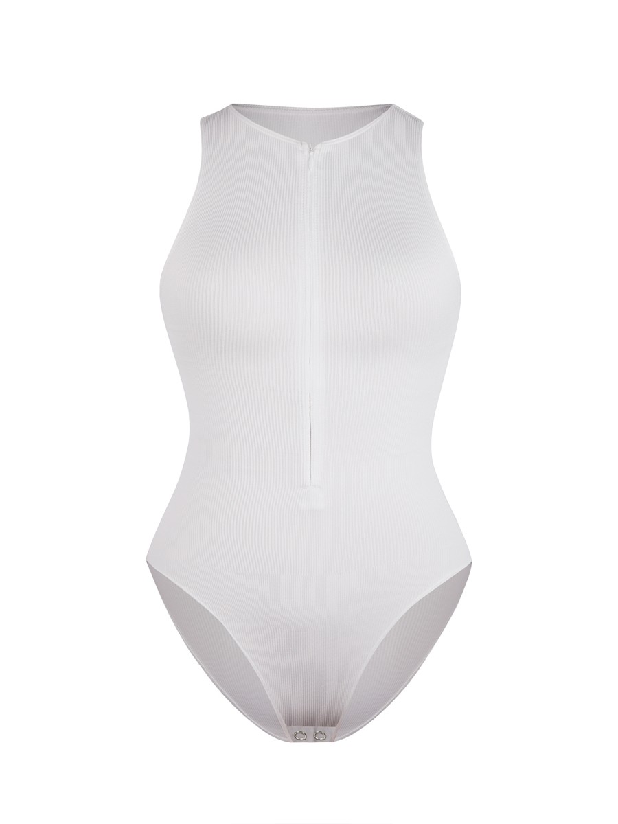 White Seamless Ribbed Zip Front Sleeveless Briefs Bodysuit