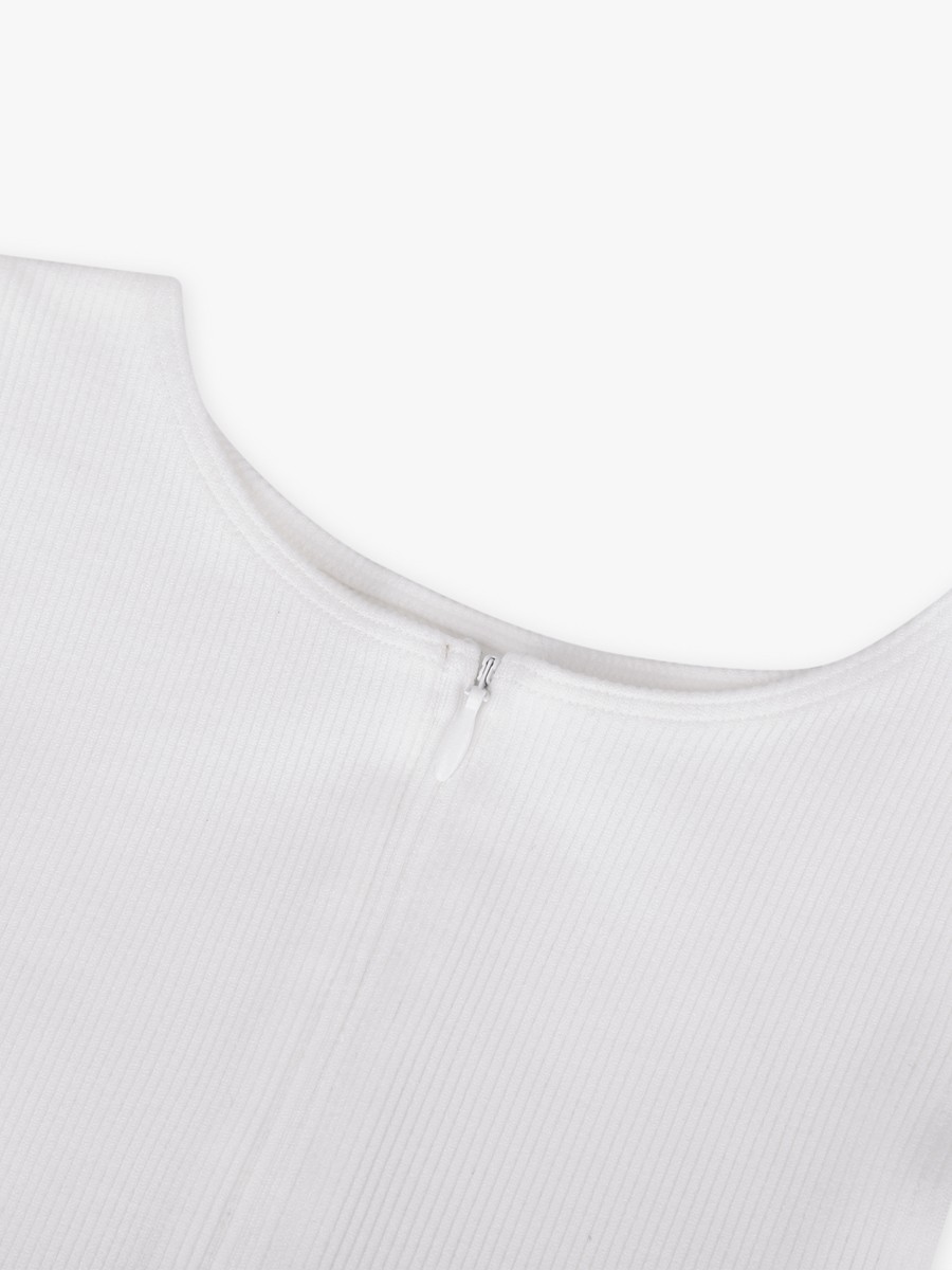 White Seamless Ribbed Zip Front Sleeveless Briefs Bodysuit