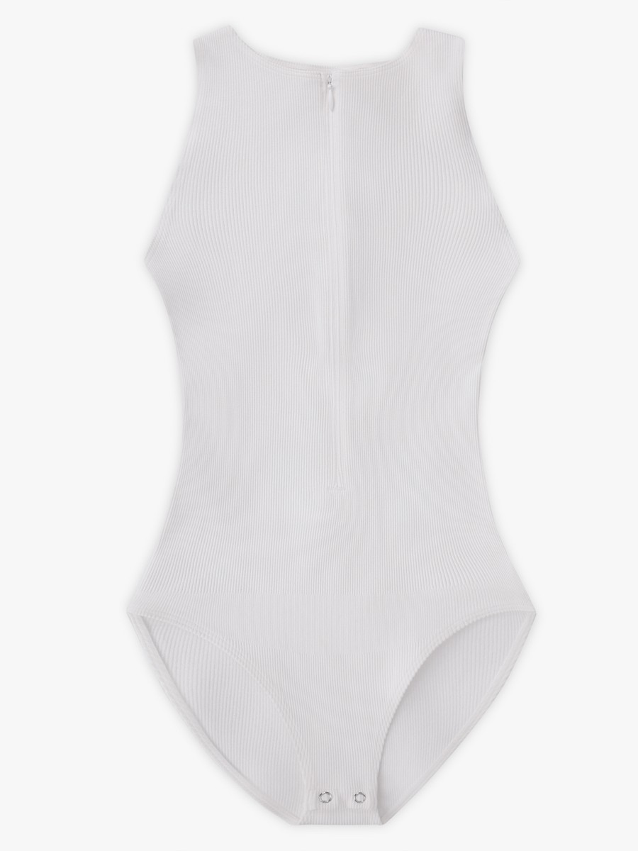 White Seamless Ribbed Zip Front Sleeveless Briefs Bodysuit