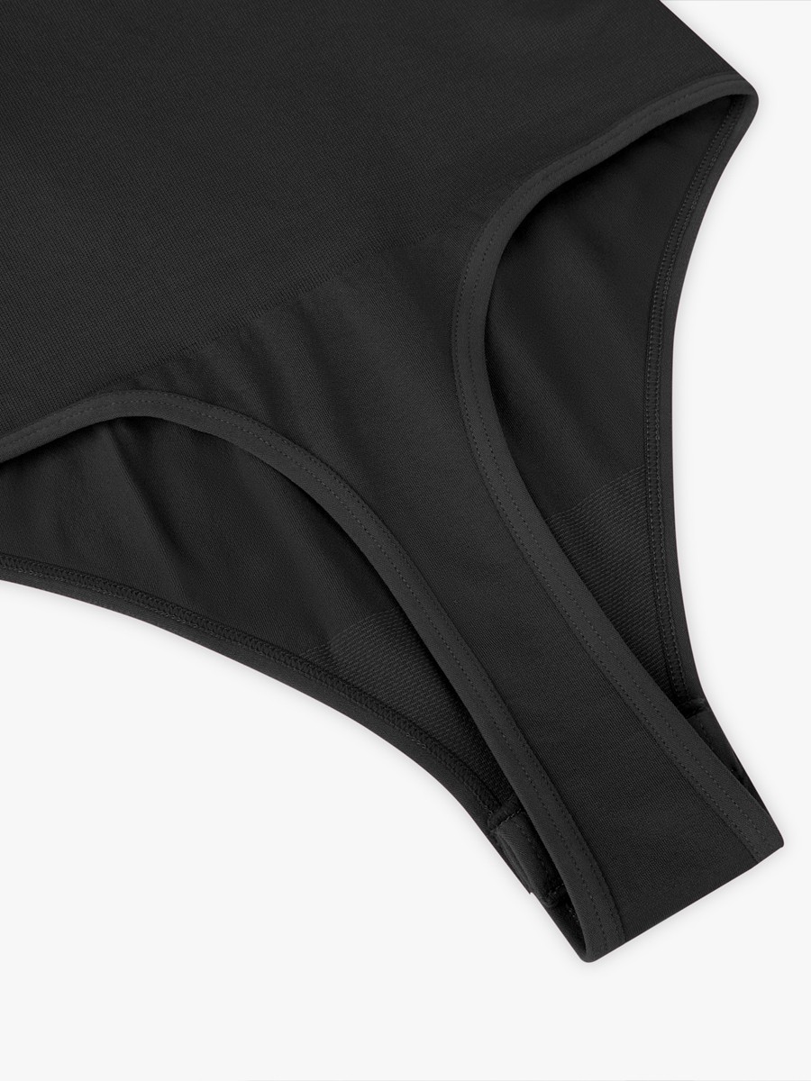 Black Seamless Bra Free Cami Tummy Control Thong Bodysuit with Removable Pads