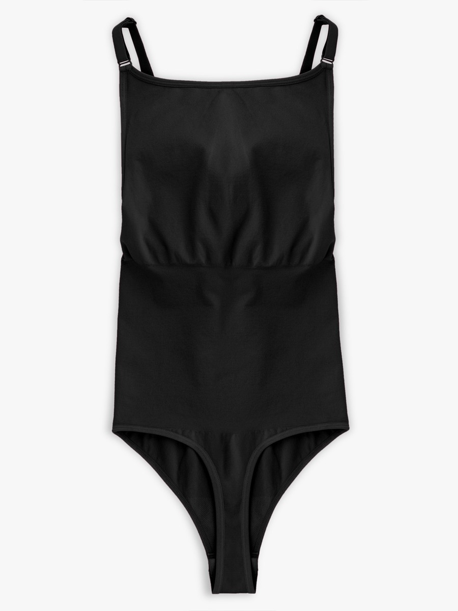 Black Seamless Bra Free Cami Tummy Control Thong Bodysuit with Removable Pads