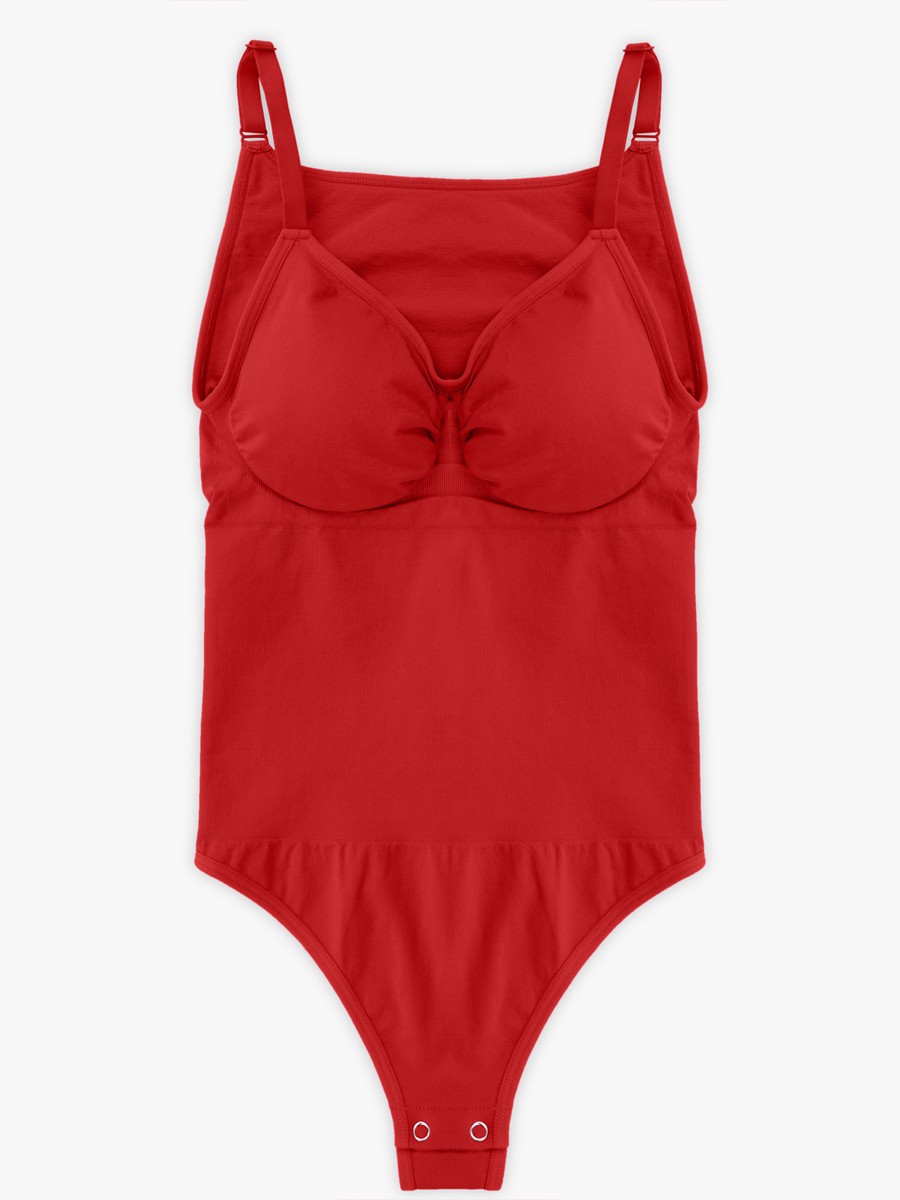 Seamless Bra Free Cami Tummy Control Thong Bodysuit with Removable Pads