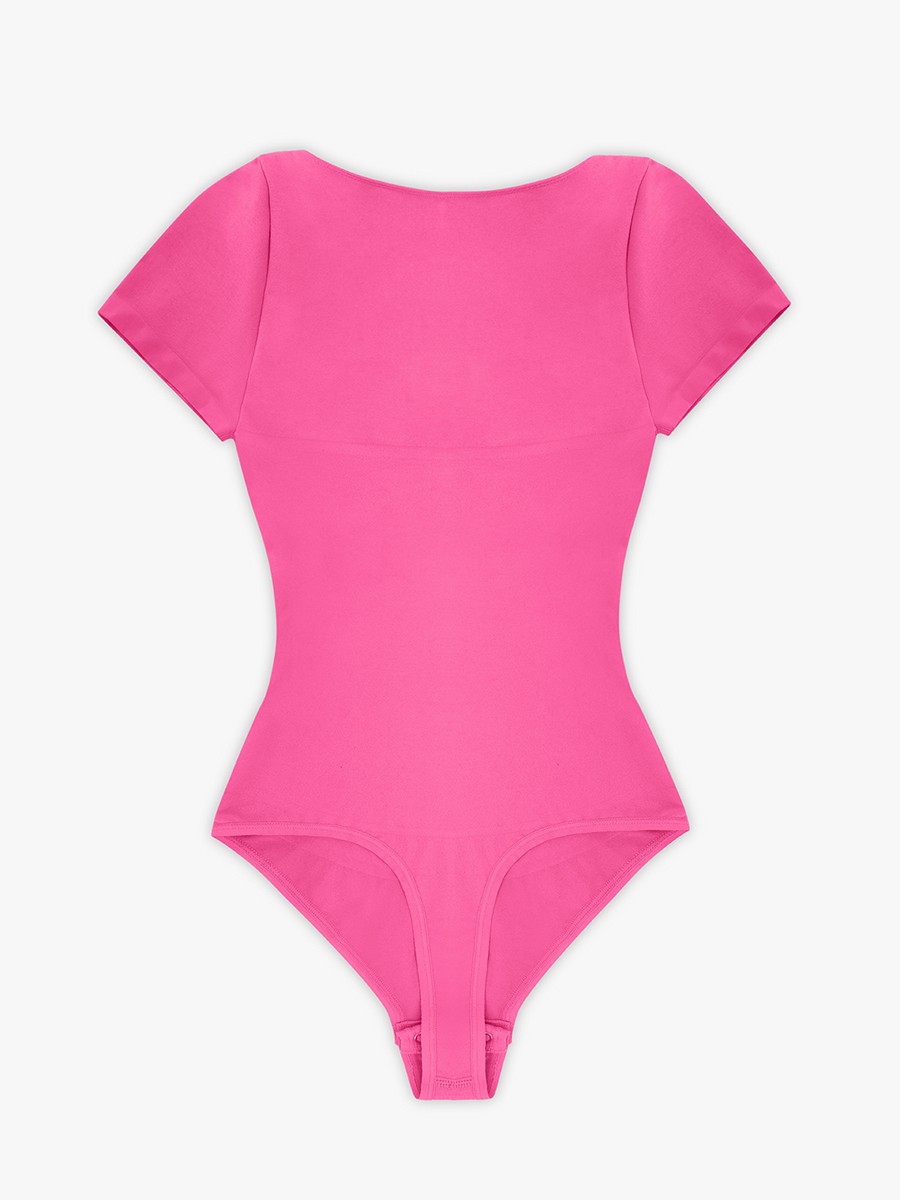 Pink Seamless Bust Support Waist & Abdomen Shaping Thong Bodysuit