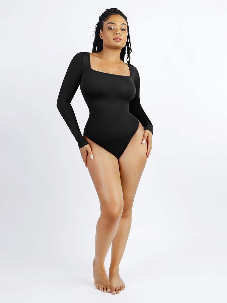 Seamless Eco-friendly Square Neck Long Sleeve 360° Waist Control Thong Bodysuit