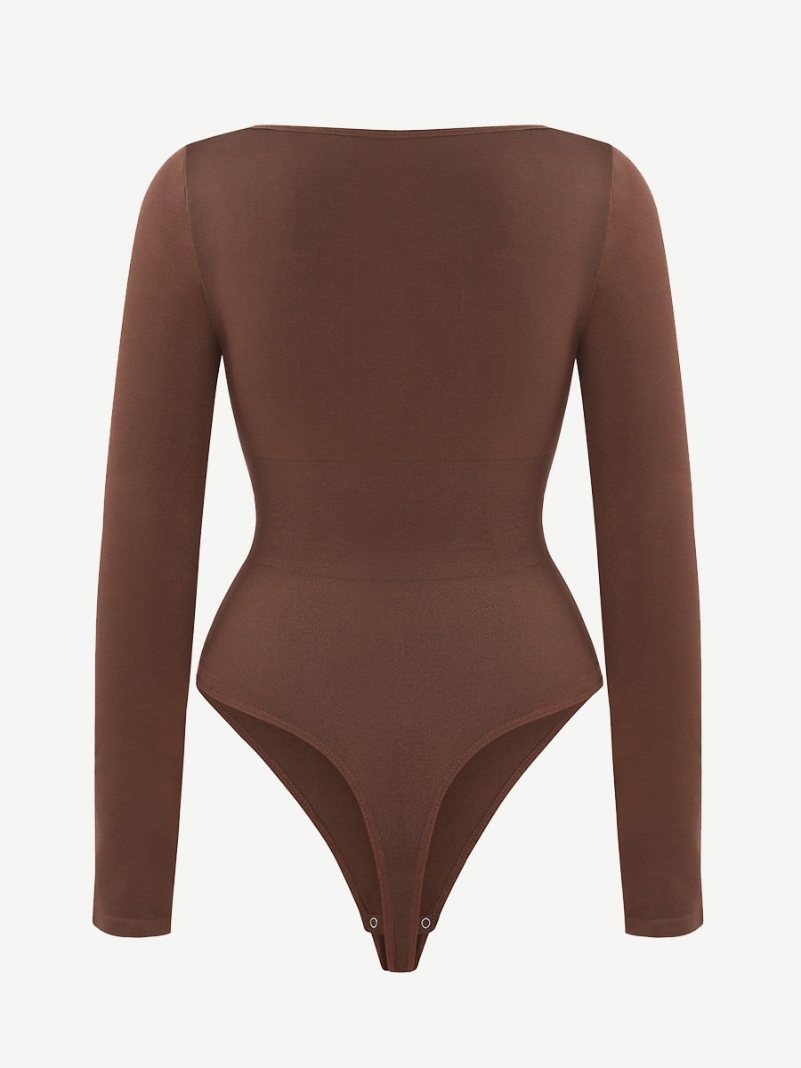 Square Neck Long Sleeve Seamless Eco-friendly 360° Waist Control Thong Bodysuit