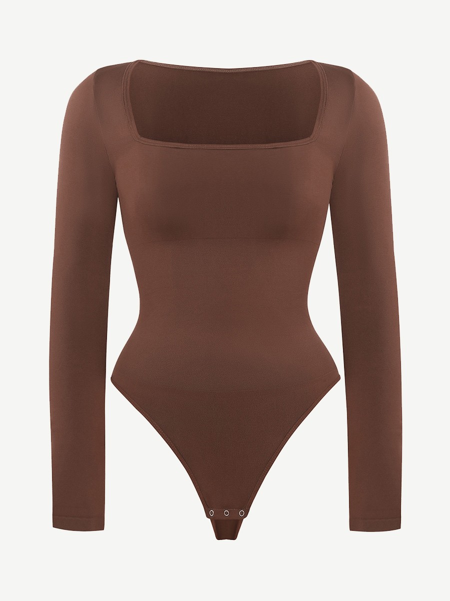 Square Neck Long Sleeve Seamless Eco-friendly 360° Waist Control Thong Bodysuit