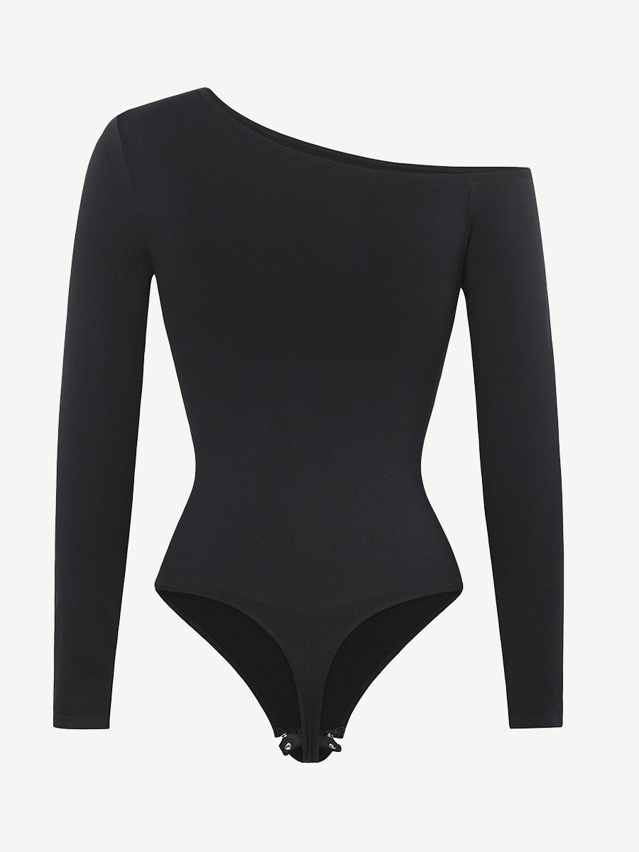 Seamless Diagonal Neck Long Sleeve Waist Trimming Thong Bodysuit