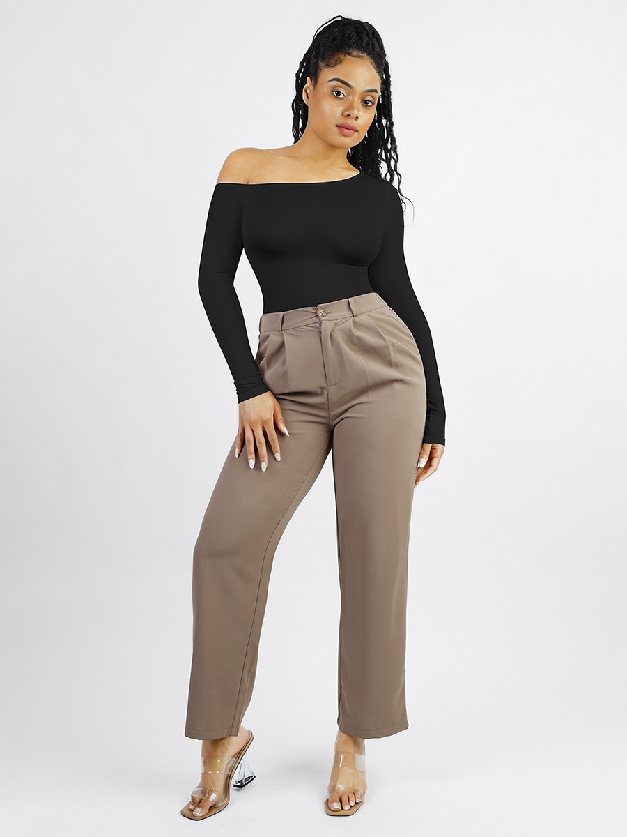 Seamless Diagonal Neck Long Sleeve Waist Trimming Thong Bodysuit