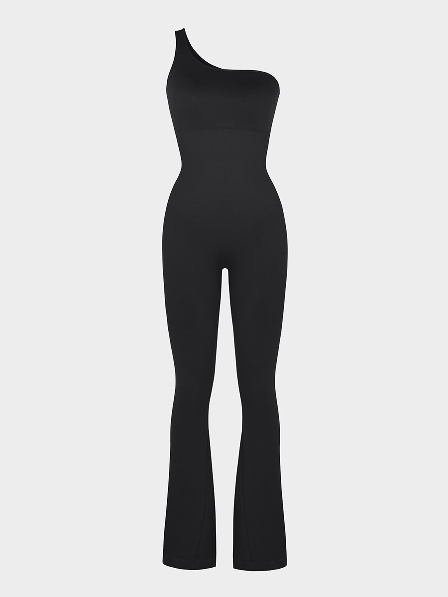 Seamless Sloped Shoulders Shaping Jumpsuit with Flared Legs