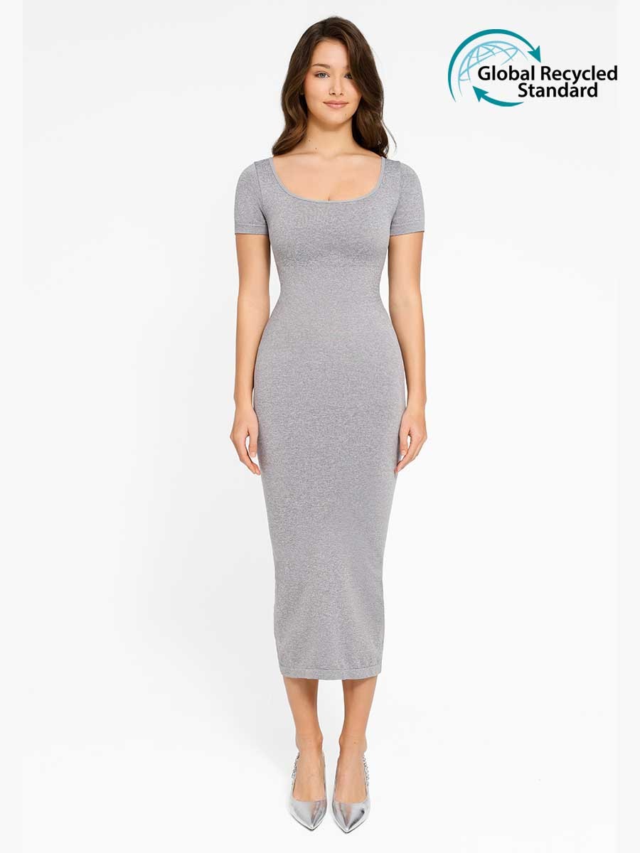 Seamless Eco-Friendly Scoop Neck Back Slit Outer Shaping Dress With Removable Cups