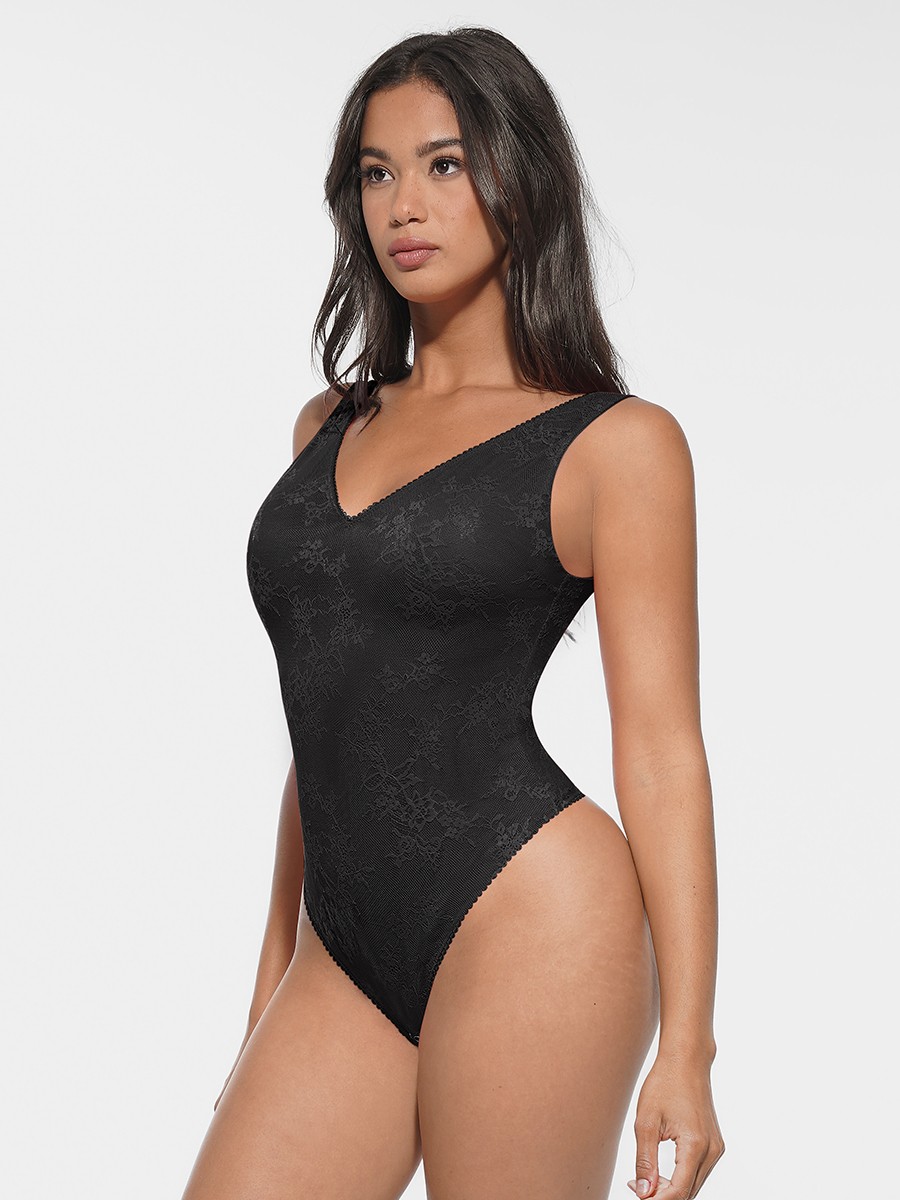 Seamless Deep V-Neck Lace Shaping Thong Bodysuit