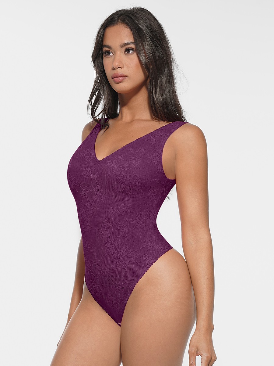 Seamless Sexy Deep V-Neck Lace Shaping Thong Bodysuit