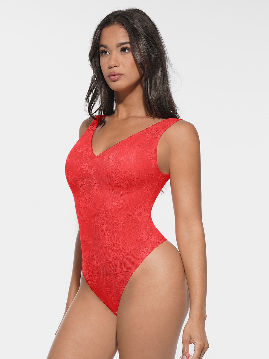 Seamless Sexy Deep V-Neck Lace Shaping Thong Bodysuit
