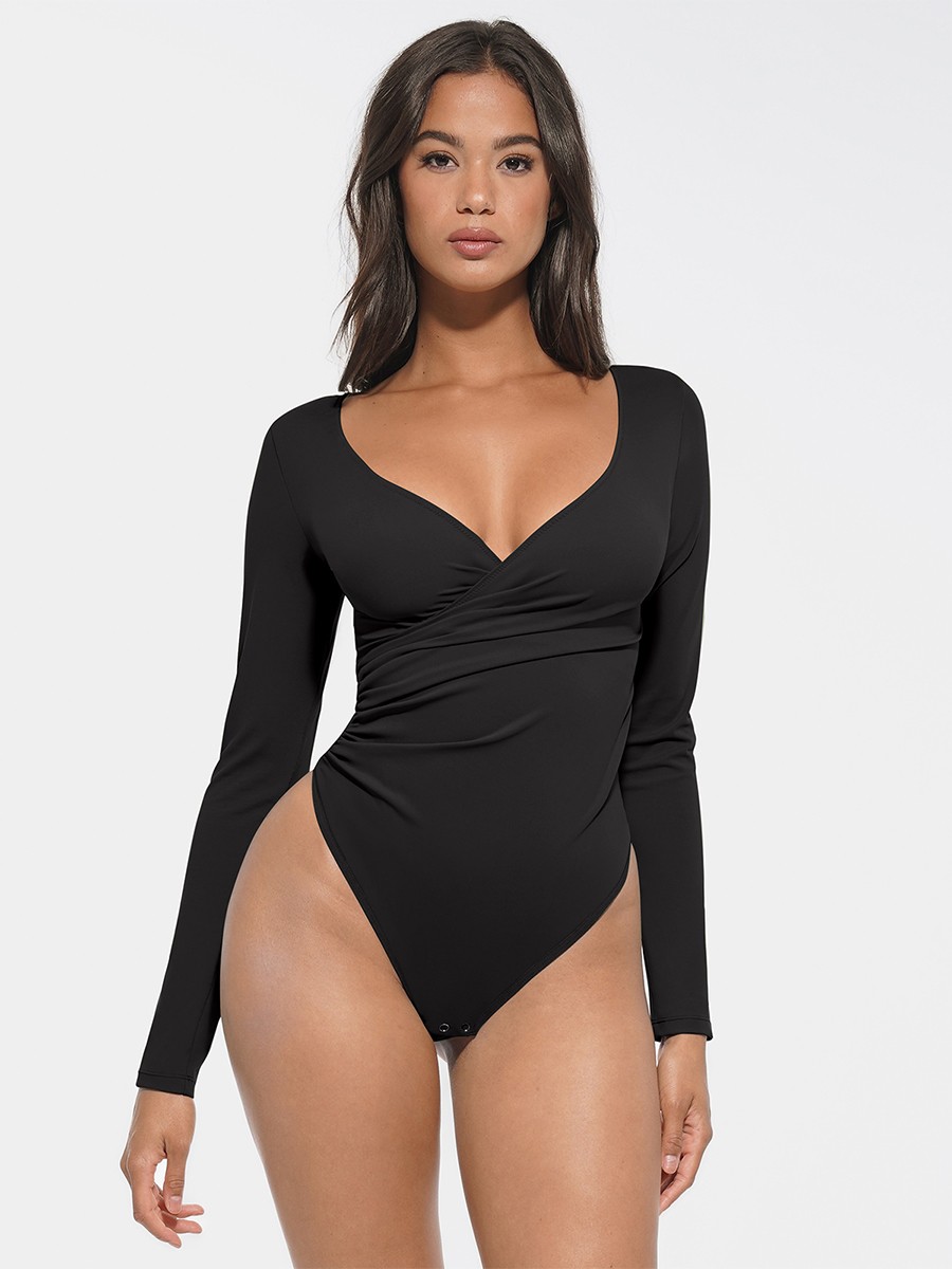 V-neck Overlapping pleated Waist and Tummy Control Antibacterial Crotch Bodysuit
