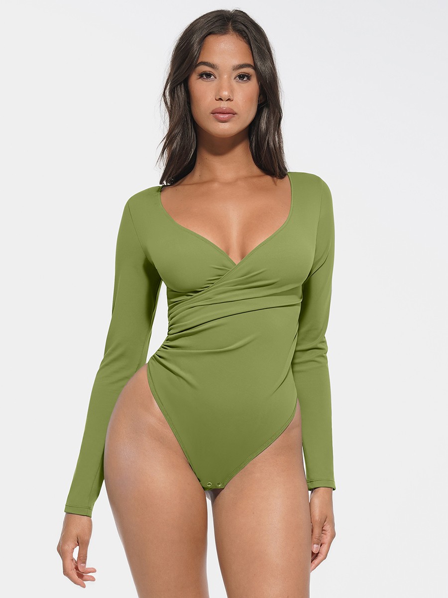 Sexy Overlapping pleated Waist and Tummy Control Antibacterial Crotch Bodysuit