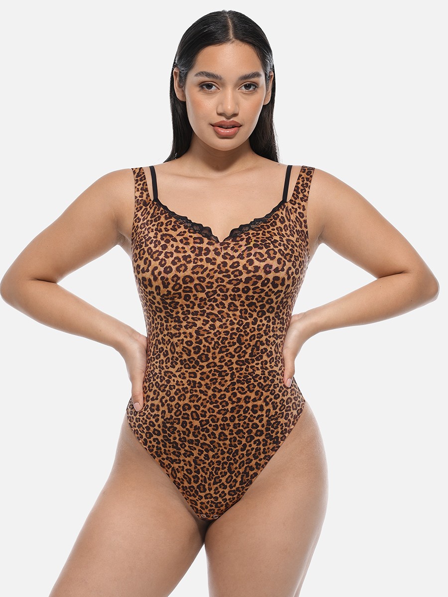 Lace V-Neck T-Back Waist and Abdomen Shaping Thong Bodysuit