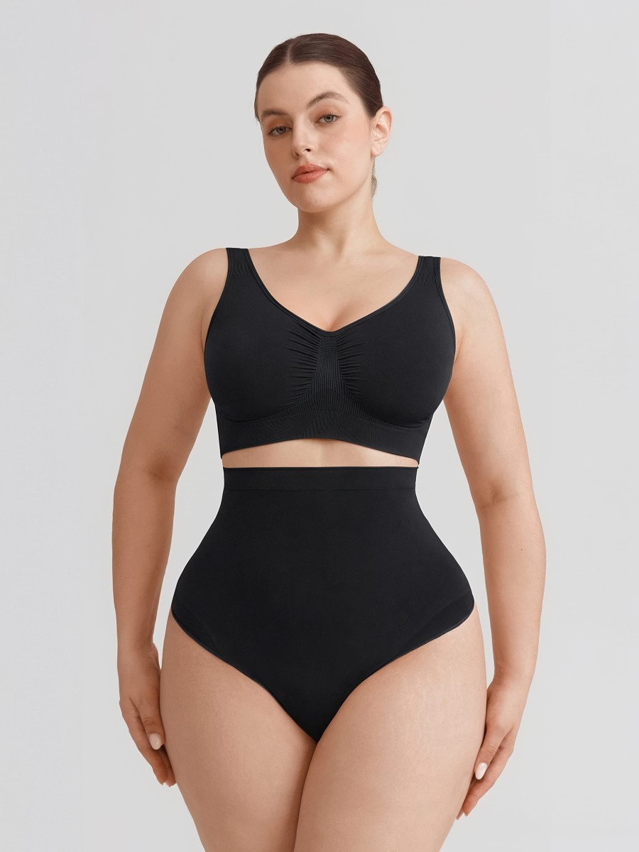 High Waist Seamless Tummy Control Thong Shapewear with Anti-Roll Silicone