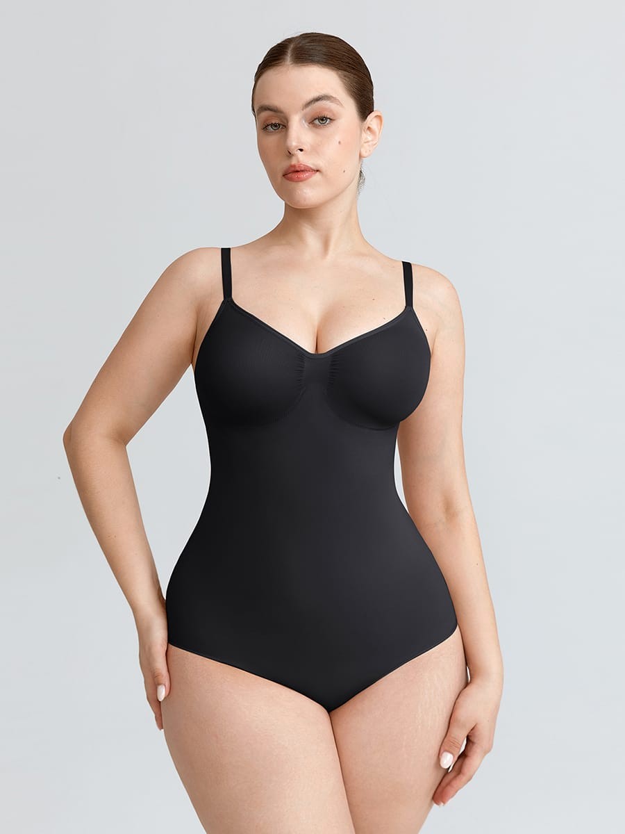 Seamless V Neck Ruched Bust Tummy Control Thong Shaping Bodysuit