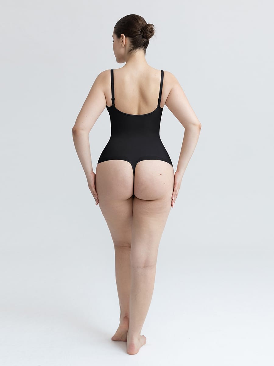 Seamless V Neck Ruched Bust Tummy Control Thong Shaping Bodysuit