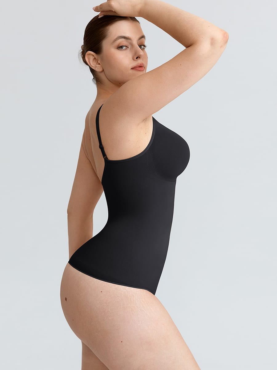 Seamless V Neck Ruched Bust Tummy Control Thong Shaping Bodysuit