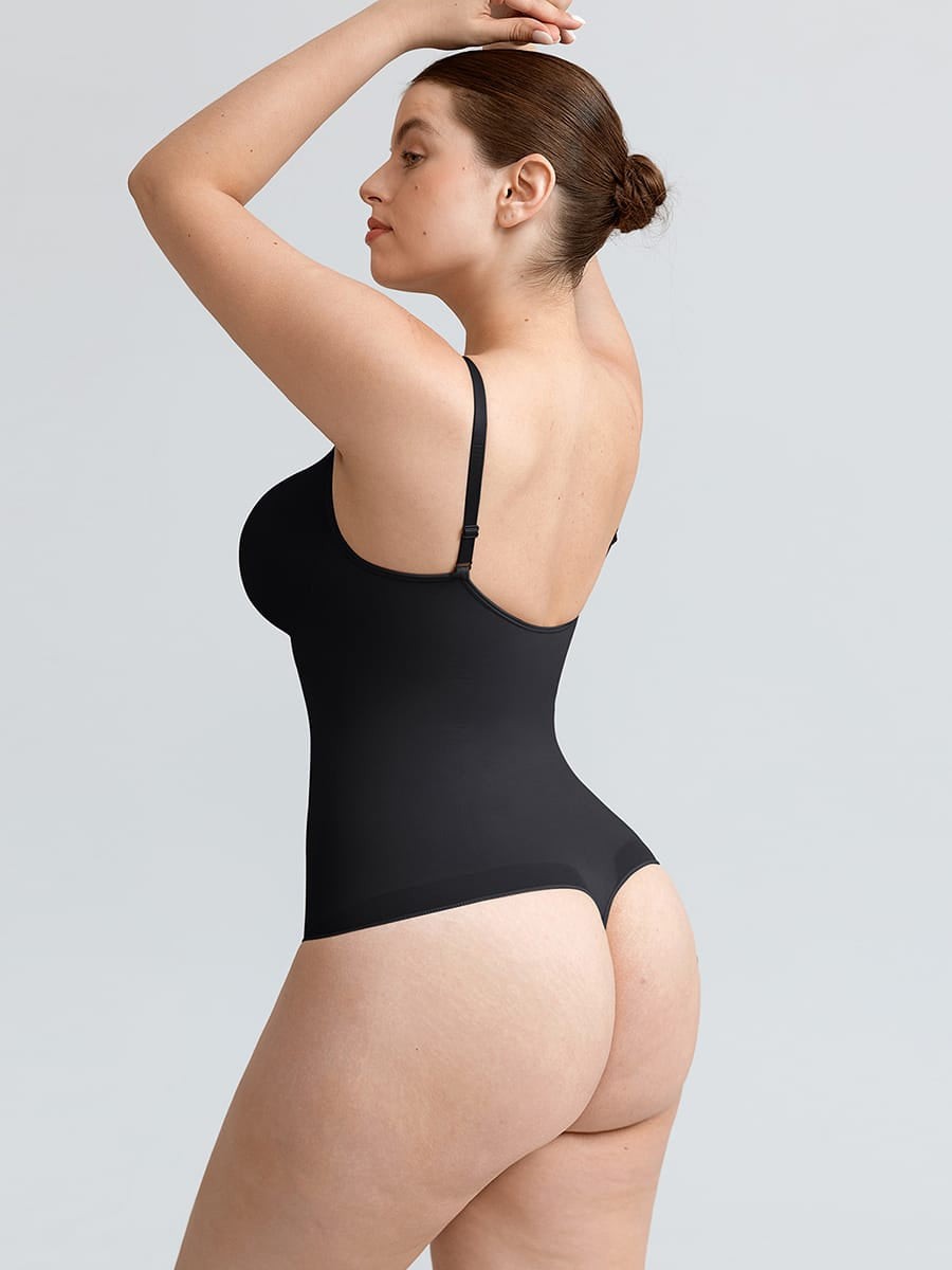 Seamless V Neck Ruched Bust Tummy Control Thong Shaping Bodysuit