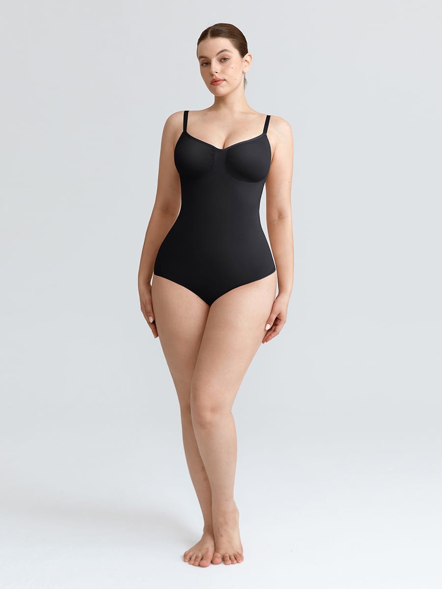 Seamless V Neck Ruched Bust Tummy Control Thong Shaping Bodysuit