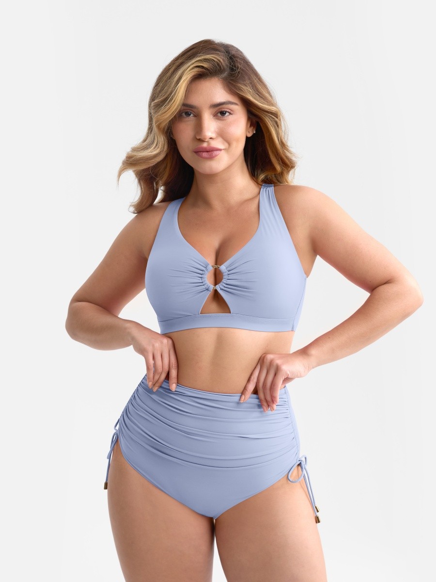 Slimming Drawstring Swimsuit Deep V Neck Metal Accent Butt Lifting Triangle Design