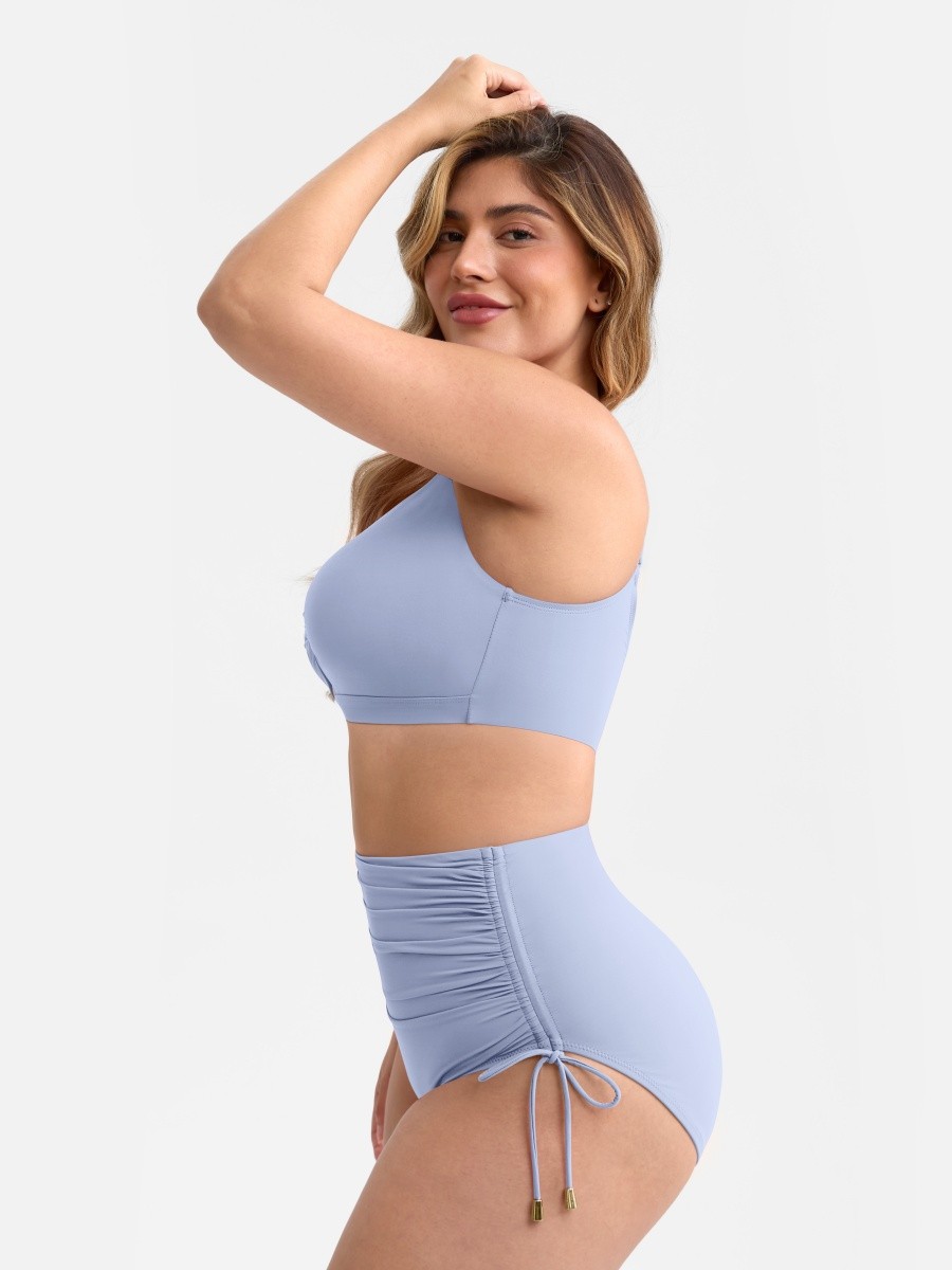 Slimming Drawstring Swimsuit Deep V Neck Metal Accent Butt Lifting Triangle Design