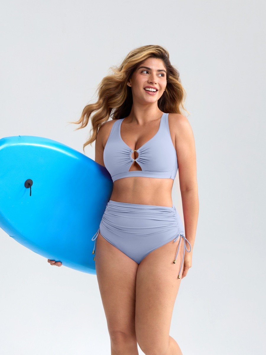 Slimming Drawstring Swimsuit Deep V Neck Metal Accent Butt Lifting Triangle Design