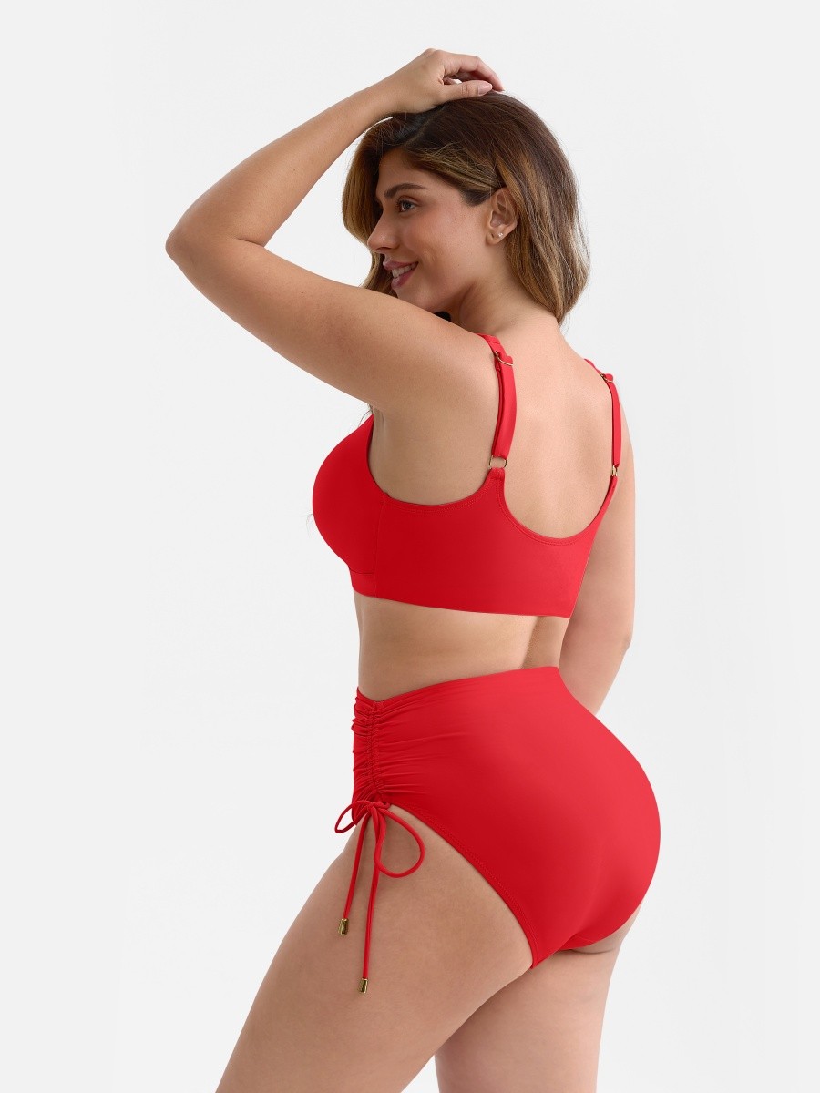 Wide Strap Deep V Metal Ring Swimsuit Built-in Bust Support Side Drawstring Bottoms