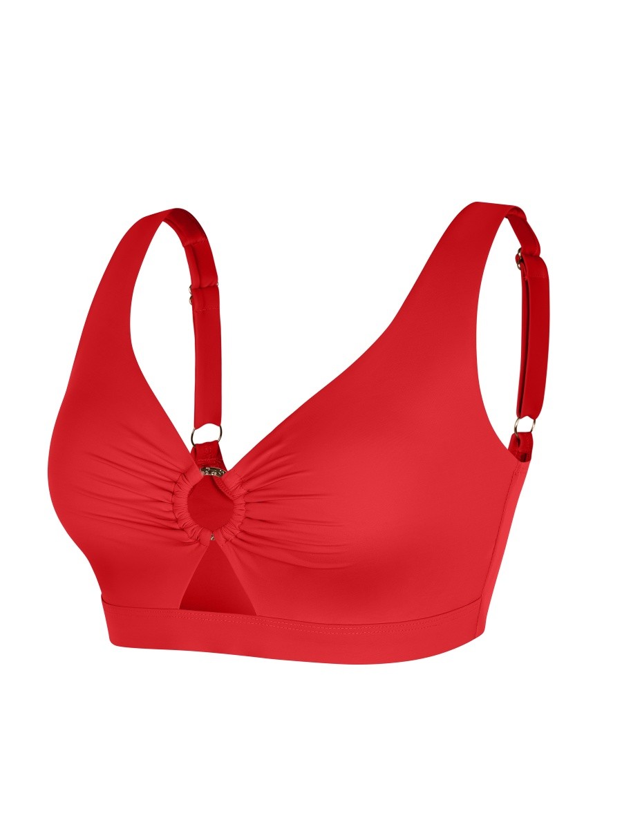 Wide Strap Deep V Metal Ring Swimsuit Built-in Bust Support Side Drawstring Bottoms