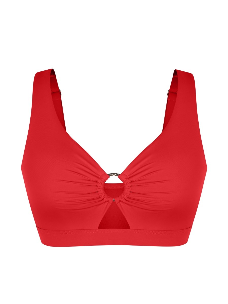 Wide Strap Deep V Metal Ring Swimsuit Built-in Bust Support Side Drawstring Bottoms