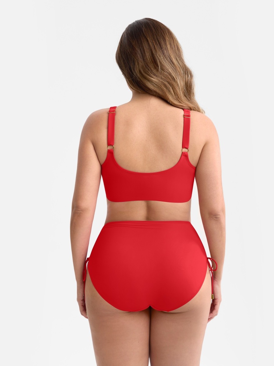 Wide Strap Deep V Metal Ring Swimsuit Built-in Bust Support Side Drawstring Bottoms