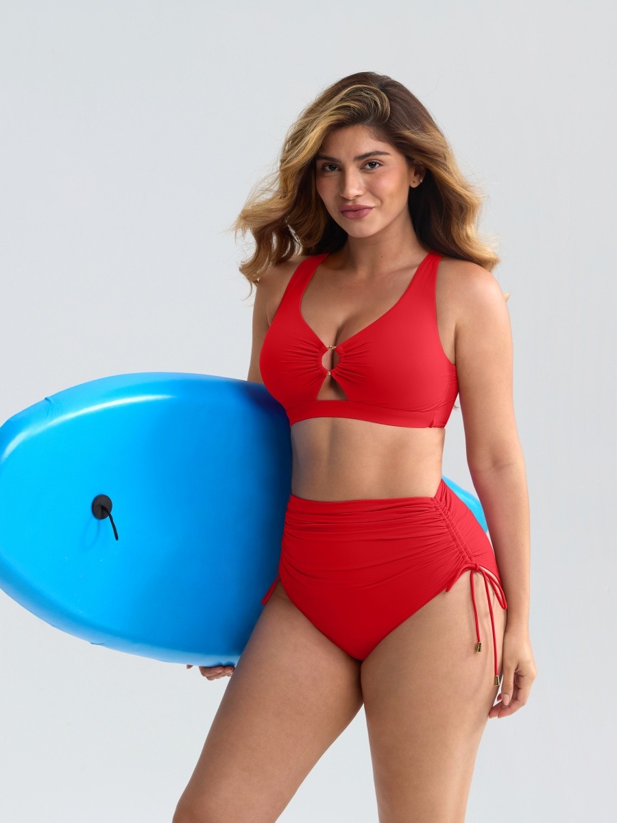 Wide Strap Deep V Metal Ring Swimsuit Built-in Bust Support Side Drawstring Bottoms