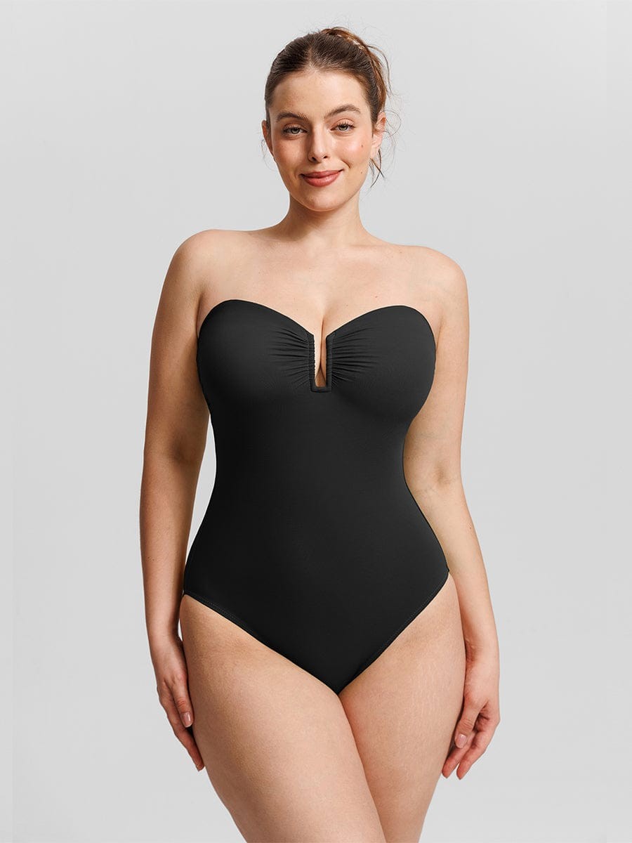 Strapless U Wire Mesh Tummy Control One Piece Shapewear Swimsuit with Removable Pads