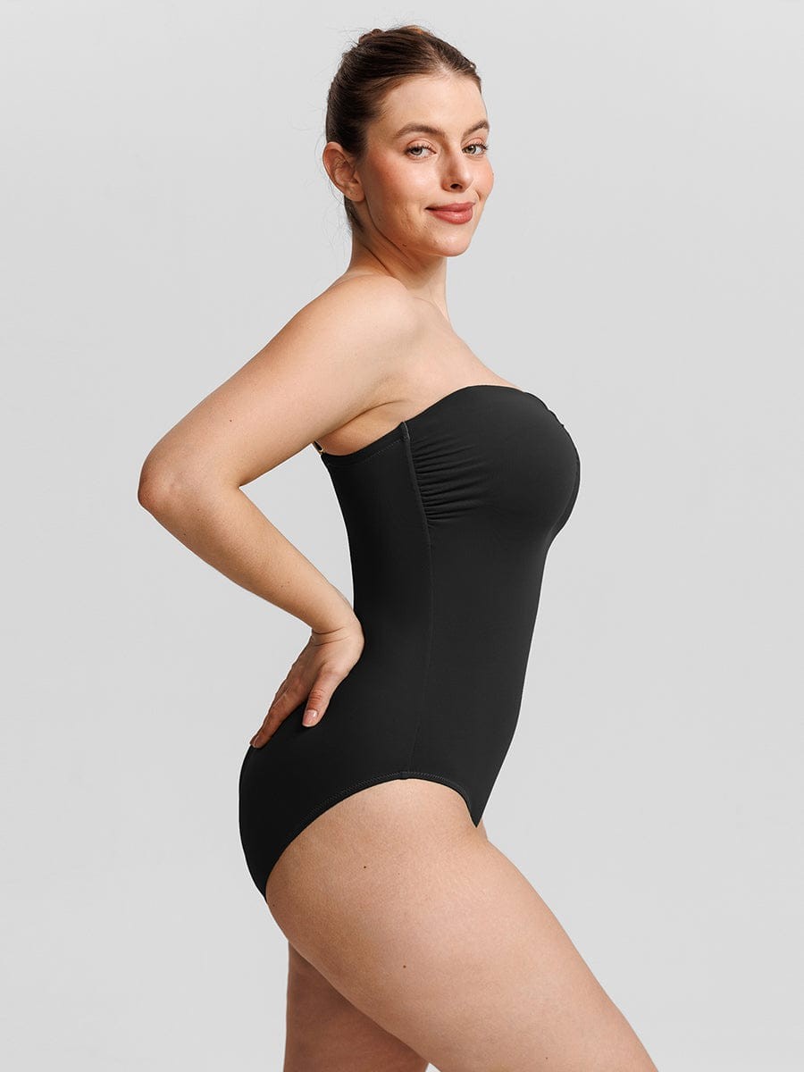 Strapless U Wire Mesh Tummy Control One Piece Shapewear Swimsuit with Removable Pads