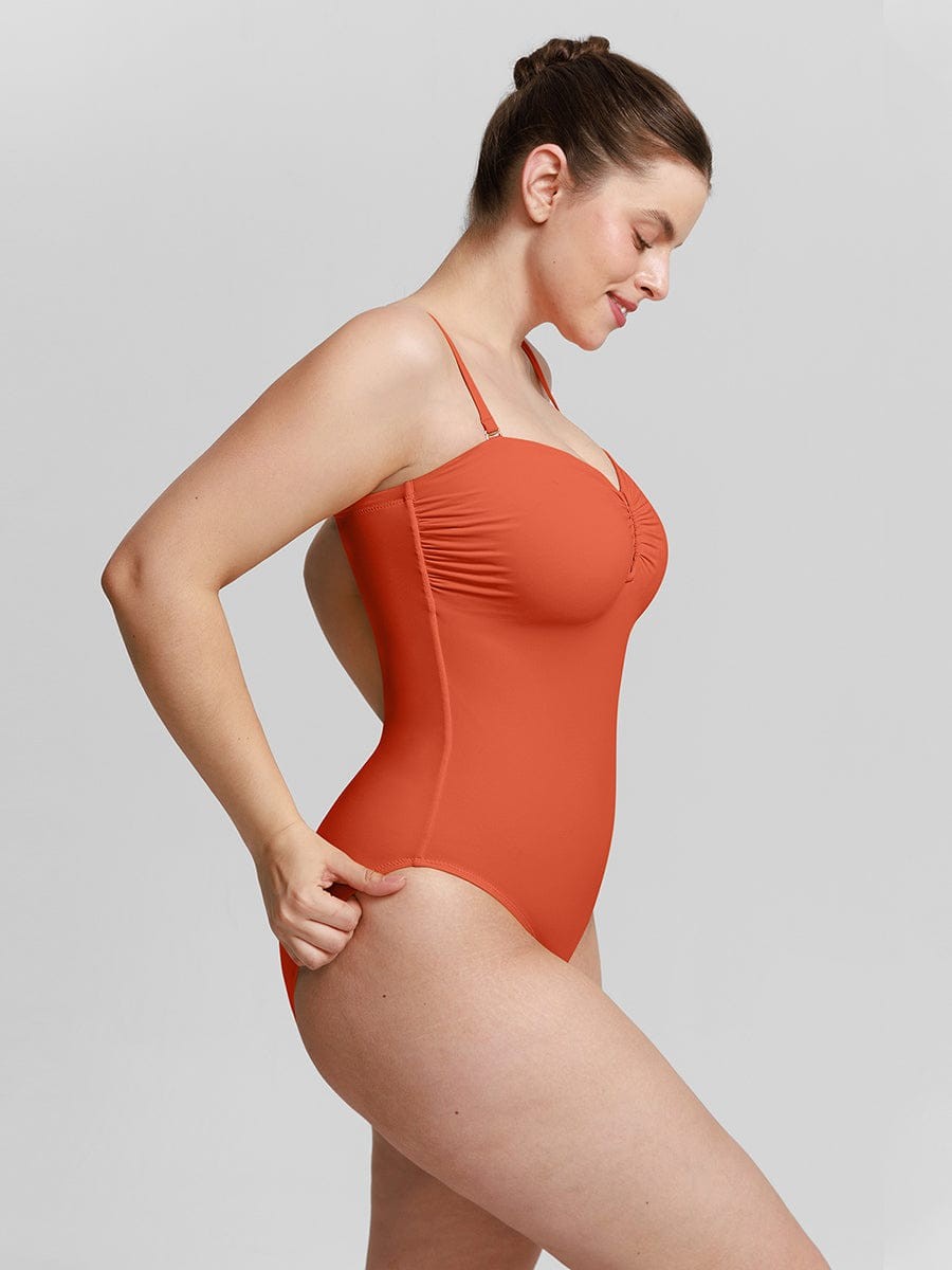 Strapless U-shaped Underwire Mesh Tummy Control One Piece Shapewear Swimsuit with Removable Pads