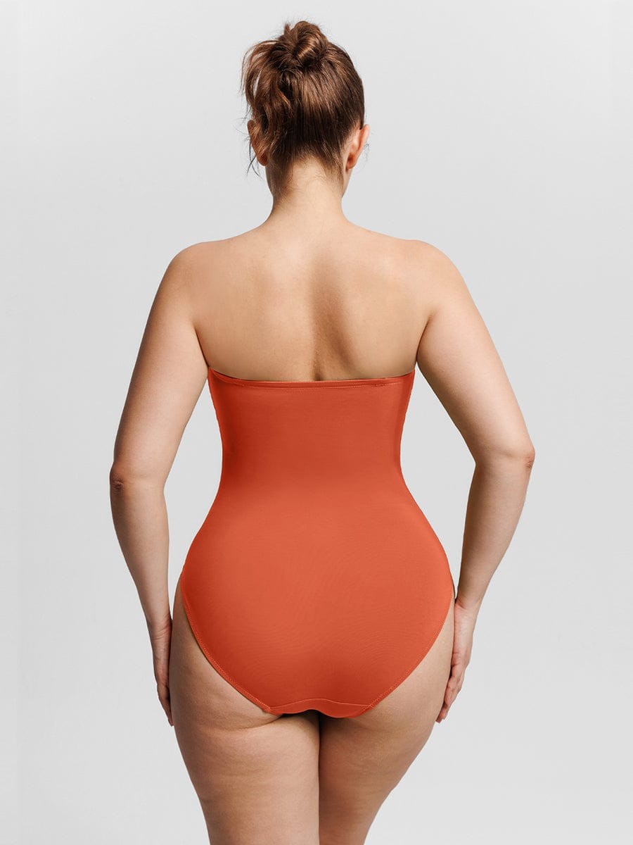 Strapless U-shaped Underwire Mesh Tummy Control One Piece Shapewear Swimsuit with Removable Pads