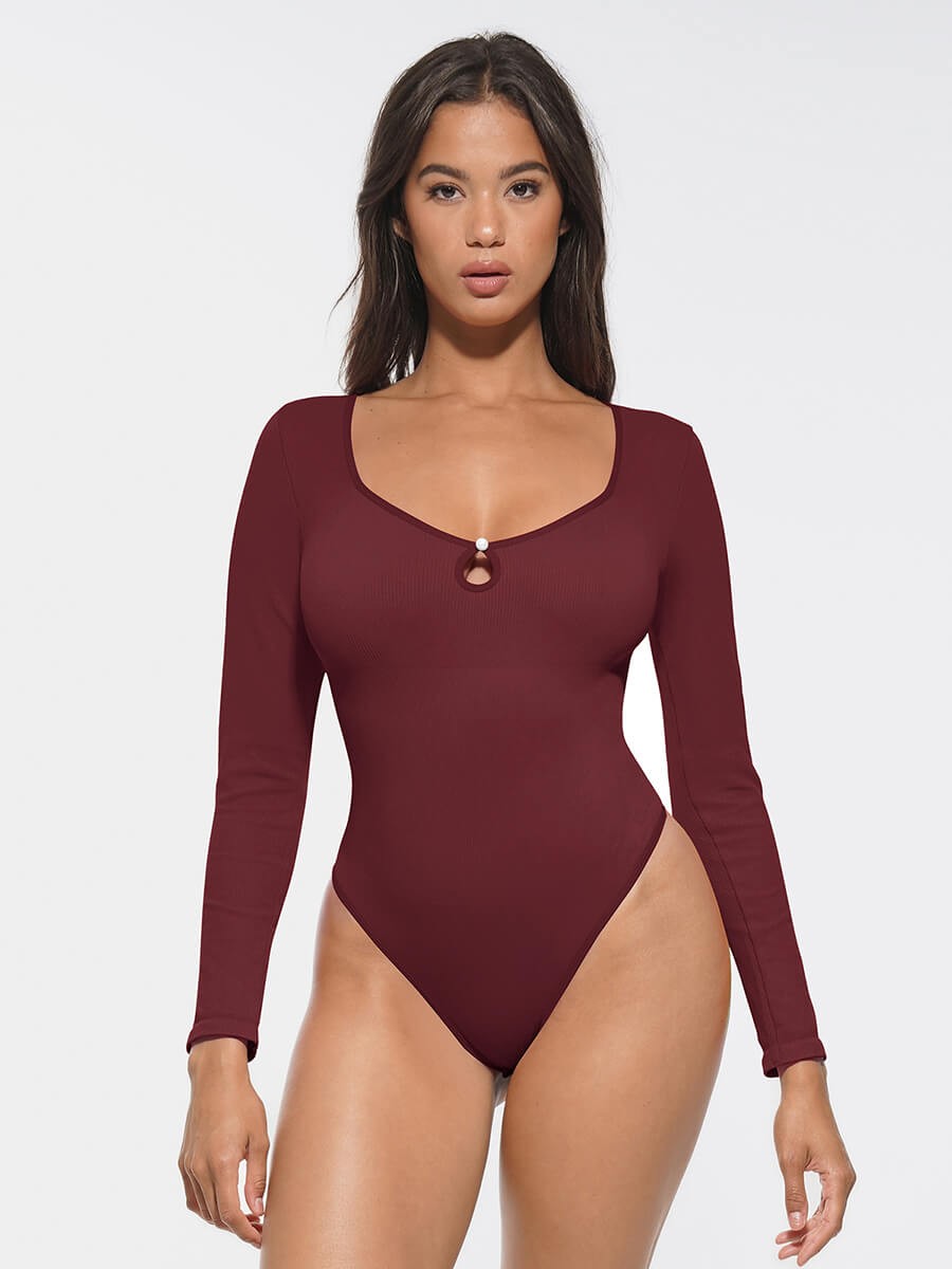 Seamless Ribbed Hollow Scoop Neck Waist Tummy Control Thong Bodysuit