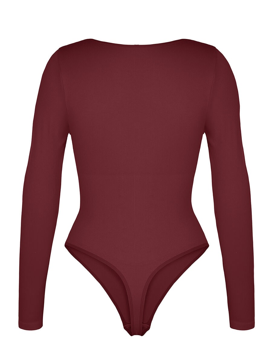 Seamless Ribbed Hollow Scoop Neck Waist Tummy Control Thong Bodysuit