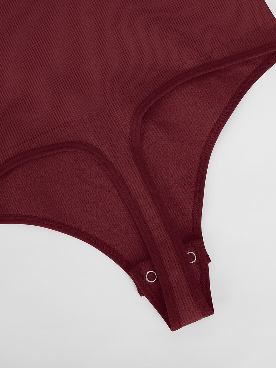 Seamless Ribbed Hollow Scoop Neck Waist Tummy Control Thong Bodysuit