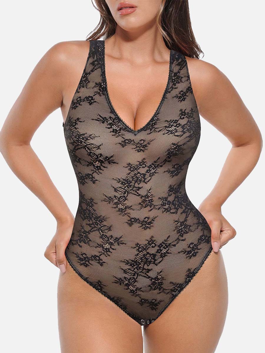 Seamless Deep V-Neck Lace Shaping Thong Bodysuit