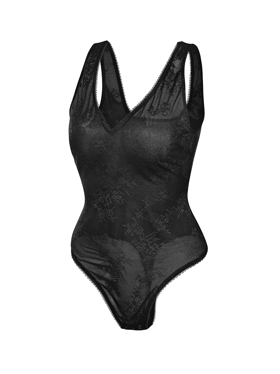 Seamless Deep V-Neck Lace Shaping Thong Bodysuit