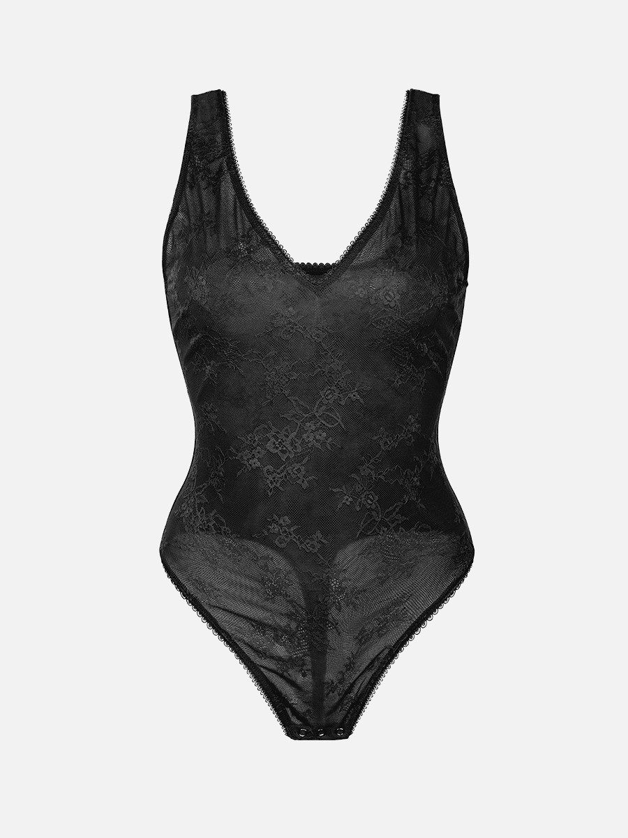 Seamless Deep V-Neck Lace Shaping Thong Bodysuit