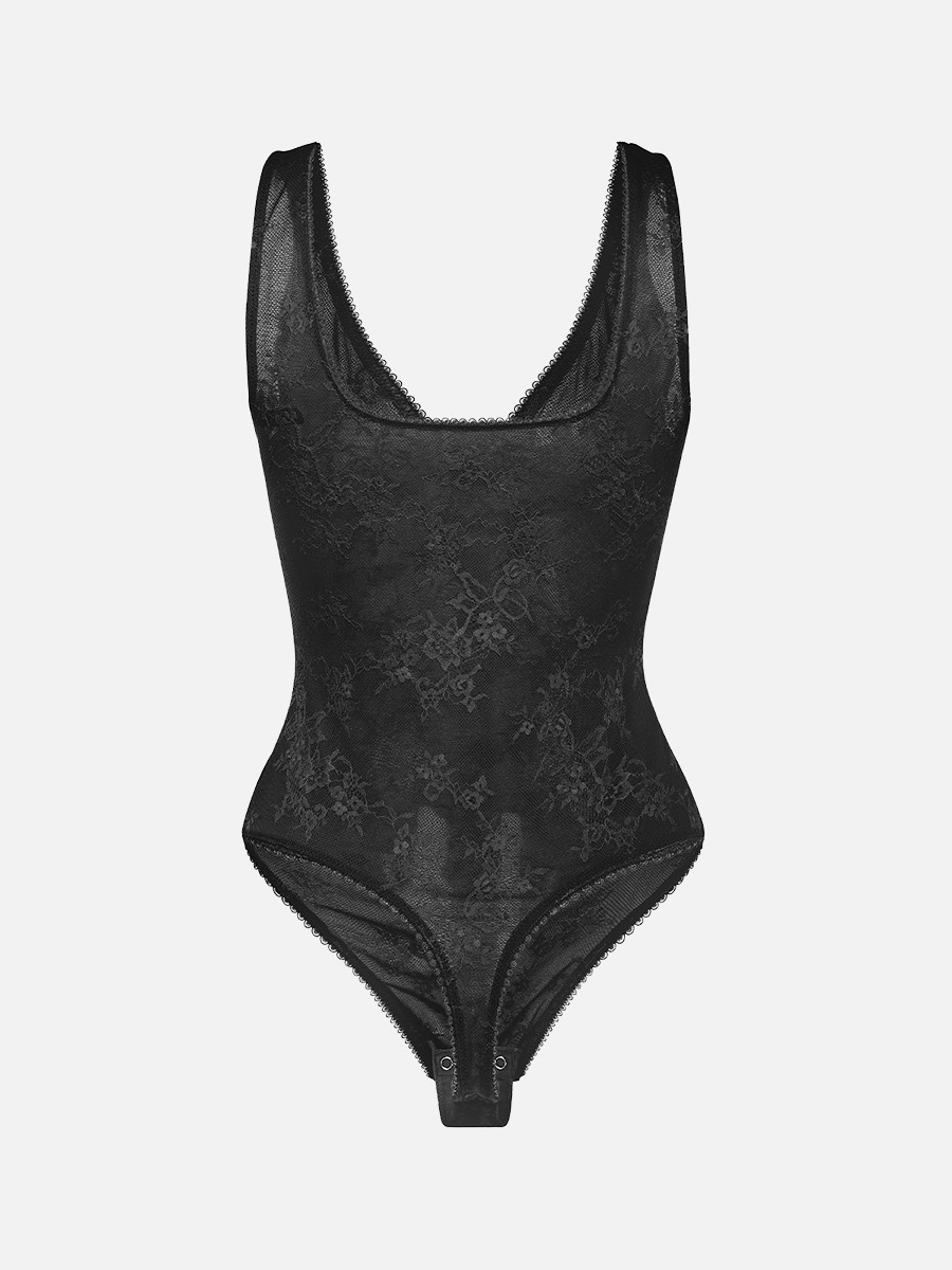 Seamless Deep V-Neck Lace Shaping Thong Bodysuit