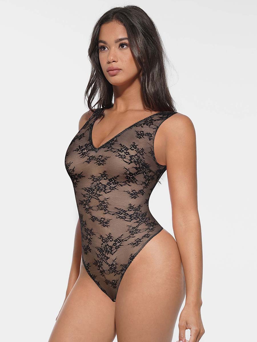 Seamless Deep V-Neck Lace Shaping Thong Bodysuit
